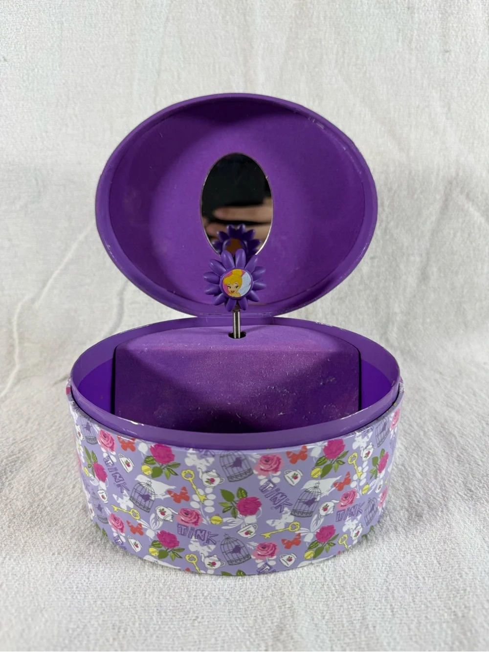 Disney 2013 Purple TinkerBell Floral Round Music Jewelry Box with Mirror